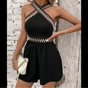 Shein Black Halter Chevron Border Romper Size XS